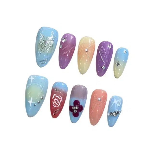 芮锦  显白夏季高级感富家千金感纯手工美甲穿戴甲温柔浅蓝蝴蝶渐变腮红手绘款美甲贴  杏仁彩色跳色 可爱