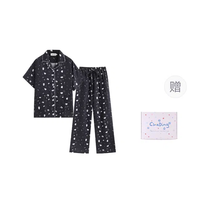 侘町 棉纱卡通柔软透气亲肤长裤睡衣礼盒 女款 黑色