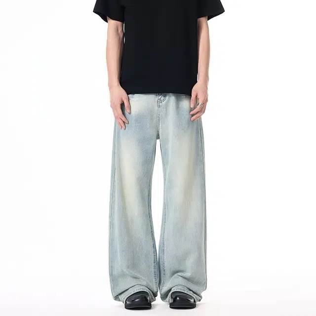 童先森 潮牌简约美式宽松水洗做旧长裤子牛仔裤 男款