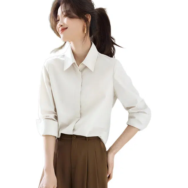 沫晗依美 挺括轻职场纯色常规长袖翻领商务通勤日常便服宽松腰衬衫 女款