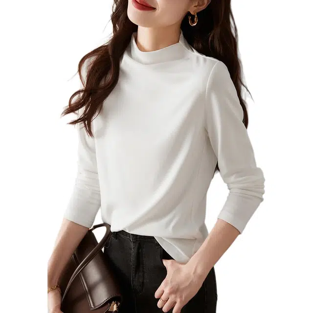 沫晗依美 纯色半高领宽松长袖针织衫 女款 白色