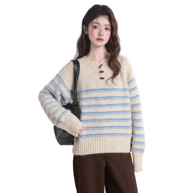 欧阳喜 韩系慵懒风宽松休闲条纹复古气质长袖针织衫 女款