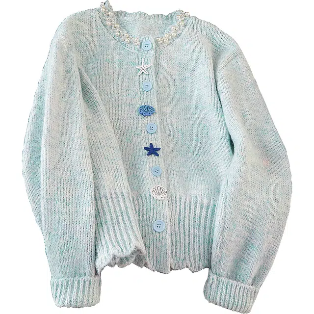 她池 甜美宽松设计感圆领通勤休闲长袖针织衫 女款 浅蓝