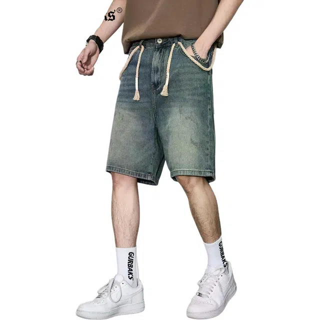 童先森 美式休闲水洗宽松中腰五分裤牛仔短裤 男款