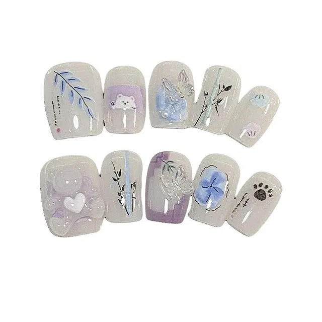 嘉比兔 可爱国风穿戴甲高颜值显白短款立体小熊学生美甲贴片  短梯浅色纯色 可爱