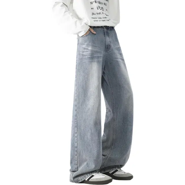 颂希尔 美式复古做旧猫须闪电纹高街水洗基础款简约舒适透气亲肤休闲通勤百搭垂感中腰阔腿保直筒牛仔裤 男女同款