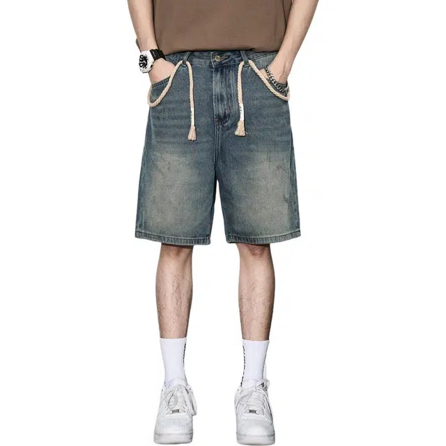 童先森 美式休闲水洗宽松中腰五分裤牛仔短裤 男款