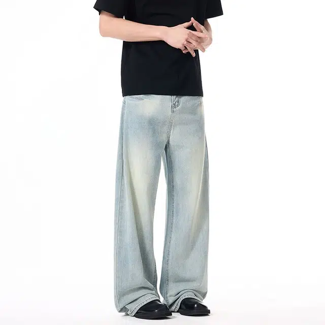 童先森 潮牌简约美式宽松水洗做旧长裤子牛仔裤 男款