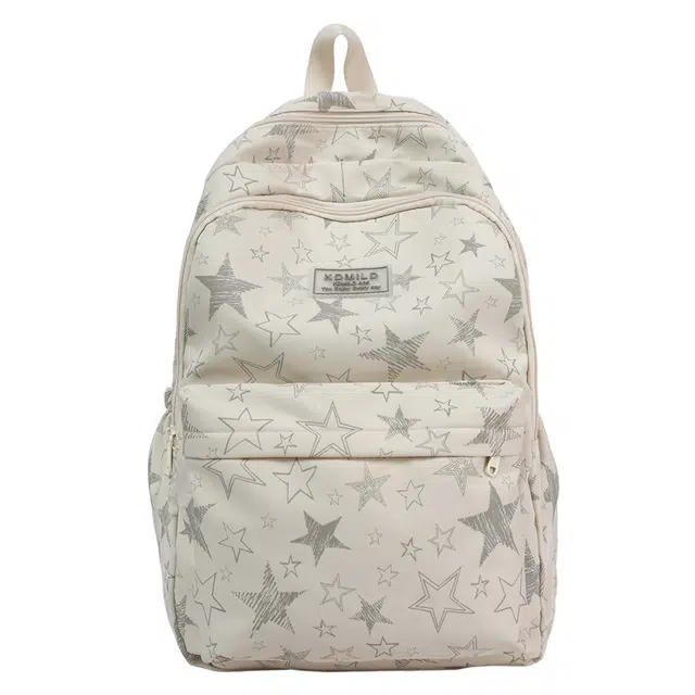 南潇湘 涂鸦精美机能通勤旅行小清新轻便高颜值大容量背包初高中大学生上课百搭书包 尼龙 双肩包 大号 女款 米色/白色/黑色