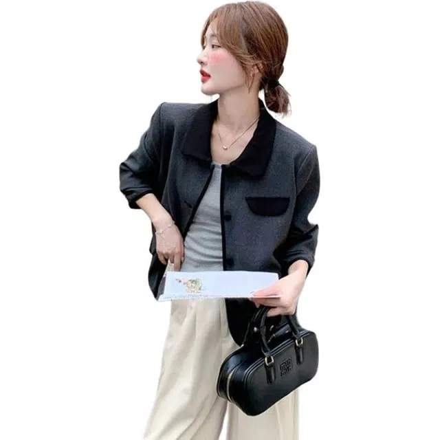 纤丝鸟 撞色翻领小香风女秋季轻奢高级感气质百搭超好看上衣截短外套 女款