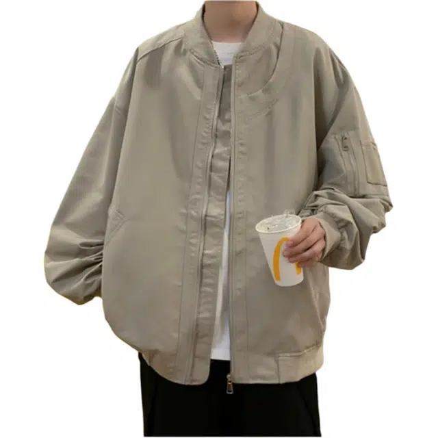 地界二 美式高街棒球服外套男日系宽松潮流痞帅休闲百搭飞行员宽松潮流痞帅纯色常规潮夹克 男款