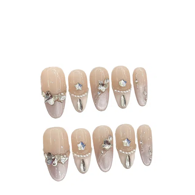 韵月乔 淡雅月光猫眼爱心显白气质  穿戴甲 中梯椭圆粉色渐变 纯欲