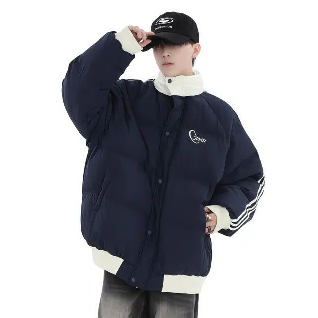 水田夏 国潮拼色侧边条纹棉衣男女秋冬季加厚情侣装面包服外套棉服 男款