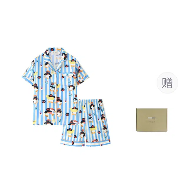 侘町 游泳圈条纹丝滑柔软透气亲肤睡衣礼盒 女款 蓝白色