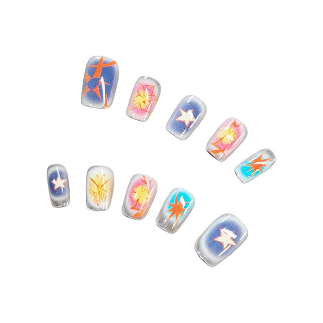 饰田 朋克元素  短方彩色纯色 短款美甲线条穿戴甲预制甲条全尺码假指甲显白