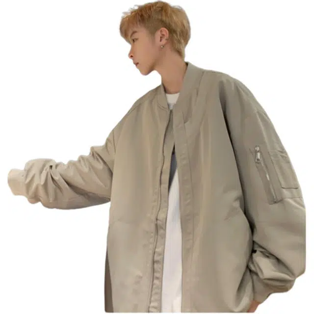 地界二 美式高街棒球服外套男日系宽松潮流痞帅休闲百搭飞行员宽松潮流痞帅纯色常规潮夹克 男款