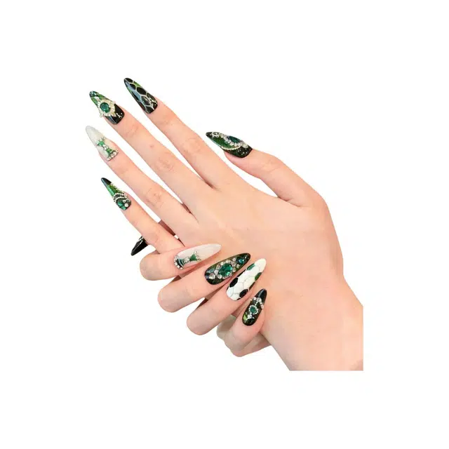 韵月乔 魅影高级手作  穿戴甲 尖型祖母绿跳色 爆闪