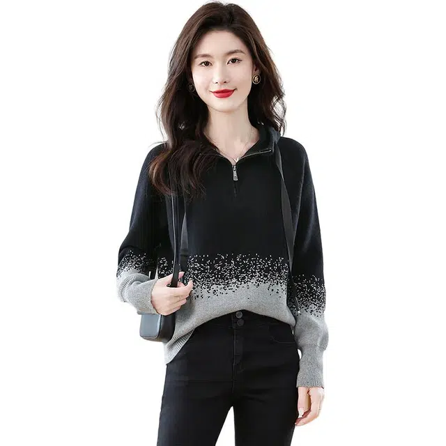 丝柏舍 宽松拼色休闲上衣抽绳连帽半拉链套头长袖针织衫 女款