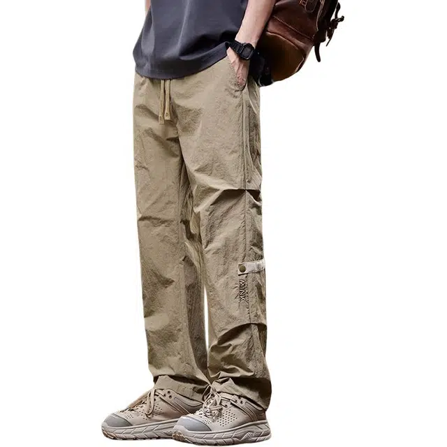 童先森 美式潮牌舒适百搭潮流时尚简约直筒适中中腰宽松纯色系带长裤休闲裤 男款