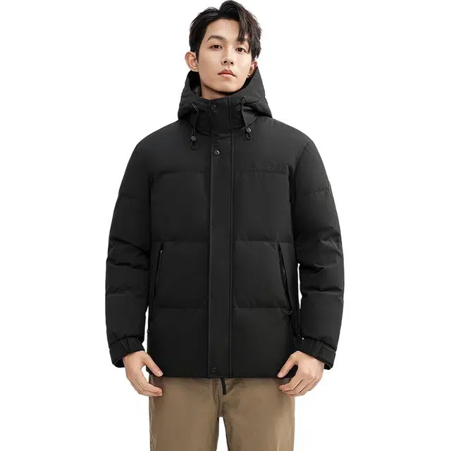 鸭鸭 青中年纯色韩版休闲百搭短款连帽外套户外运动防寒保暖石墨烯蓄热面包羽绒服 男款