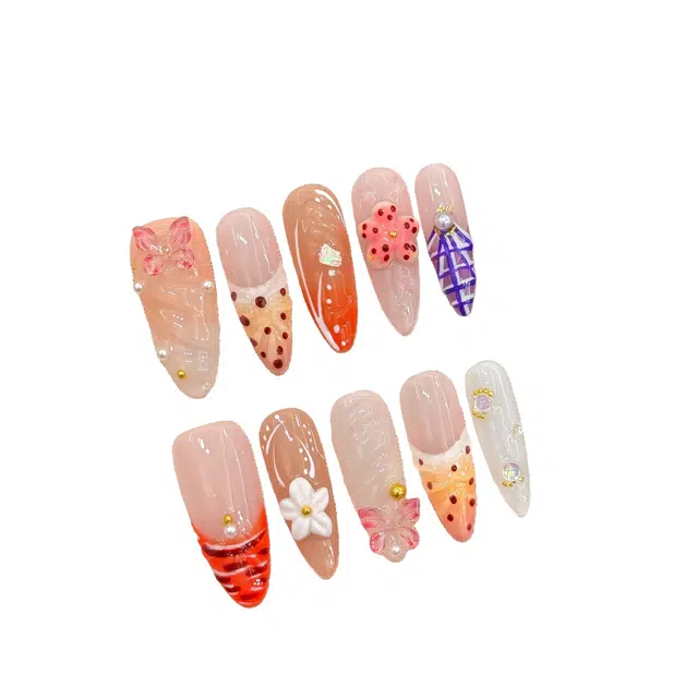 韵月乔 热带风度假雕花法式  穿戴甲 杏仁多巴胺渐变 可爱