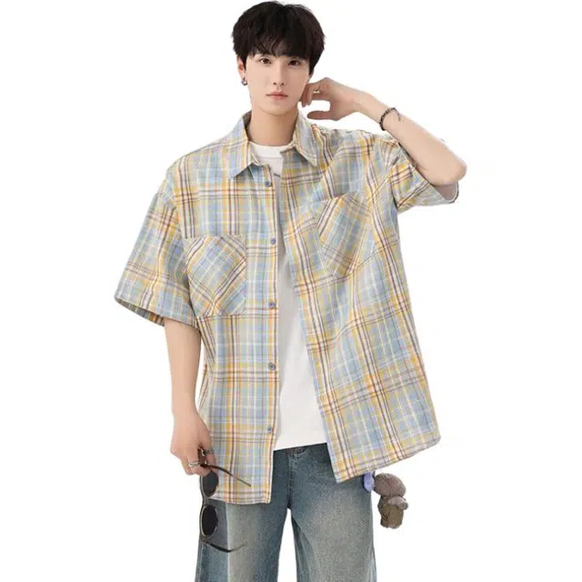 童先森 美式复古宽松休闲格子短袖衬衫 男款