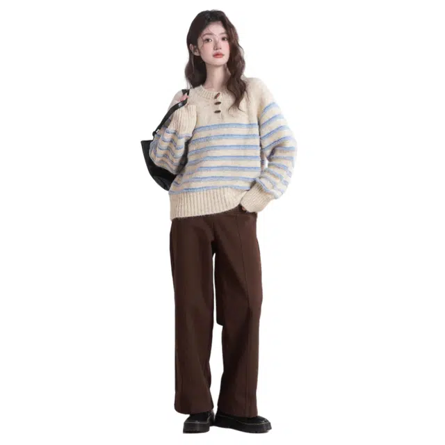 欧阳喜 韩系慵懒风宽松休闲条纹复古气质长袖针织衫 女款