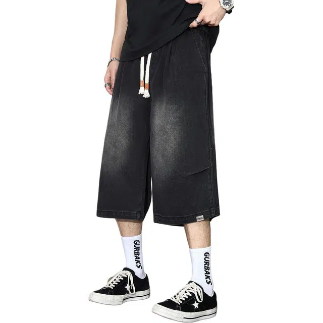 童先森 夏季潮牌高街宽松中腰七分裤牛仔短裤 男款