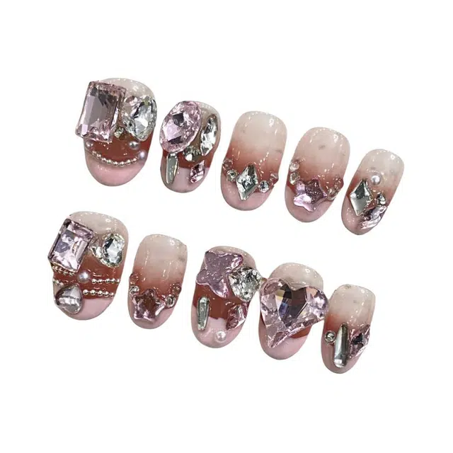 芮锦 显白高级感纯手工穿戴甲可拆卸钻石法式重工款网红爆款指甲贴片成品美甲  杏仁腮红渐变 镶钻