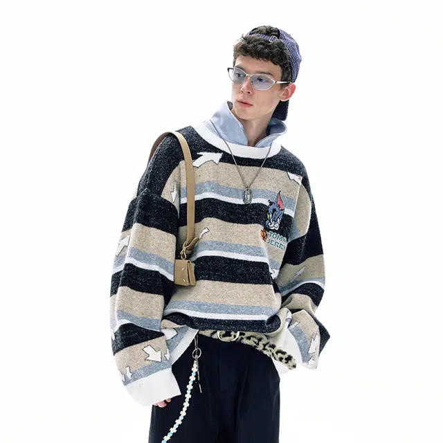 BJHG x Tom and Jerry Retro Striped Embroidered Sweater
