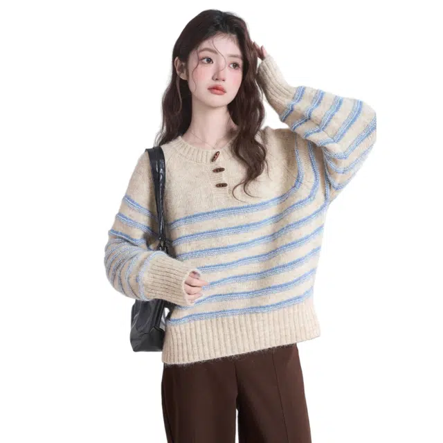 欧阳喜 韩系慵懒风宽松休闲条纹复古气质长袖针织衫 女款