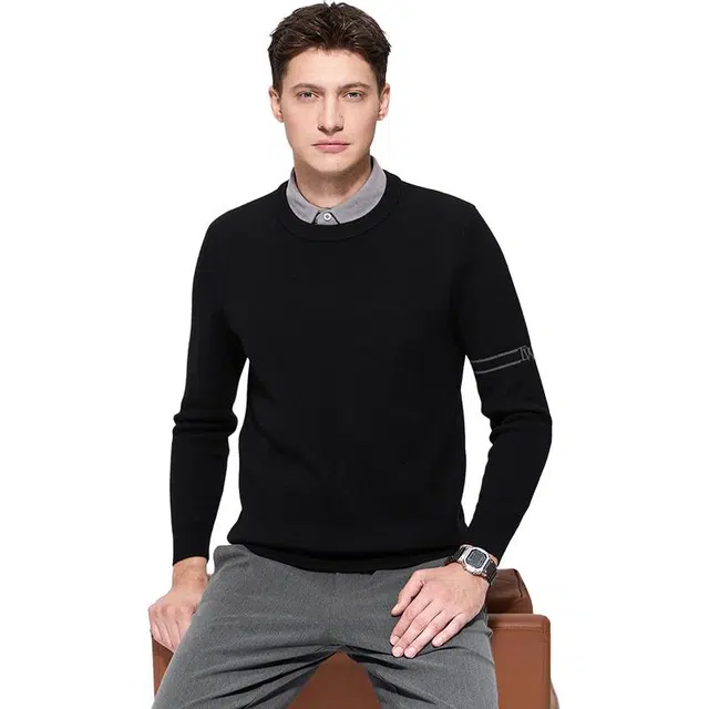 与狼共舞 纯羊毛加绒保暖时尚休闲衬衫领假两件毛衣 男款 黑色