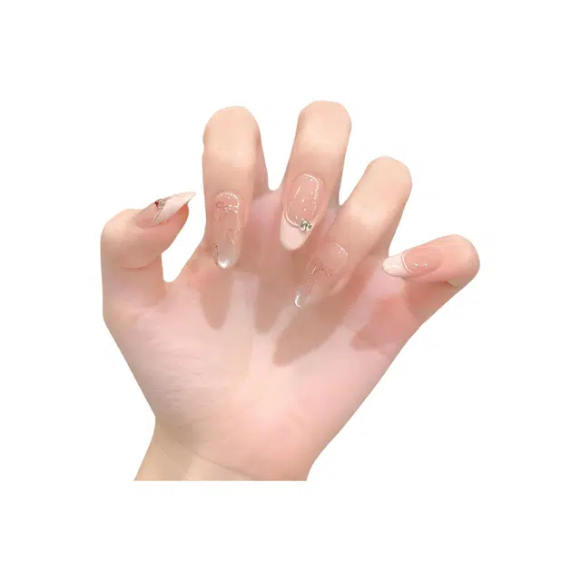 柚予颜 高级感穿戴甲法式蝴蝶鎏金温柔氛围感美甲  椭圆裸粉色跳色 纯欲