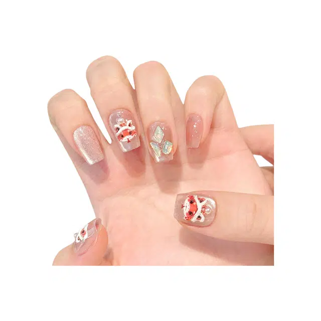 韵月乔 发财醒狮浮雕喜事桃桃猫眼  穿戴甲 中梯粉色纯色