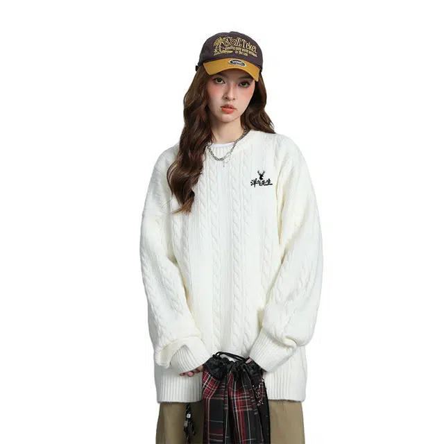 洋气先生 美式潮牌洋气纯色软糯宽松舒适保暖麻花纹理设计圆领上衣无性别主义简约大方日常通勤潮流甜美酷帅休闲时尚百搭针织衫 男女同款