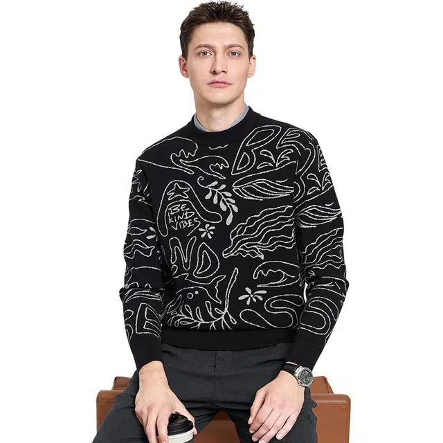 与狼共舞 潮流提花时尚休闲百搭针织圆领毛衣 男款 黑色