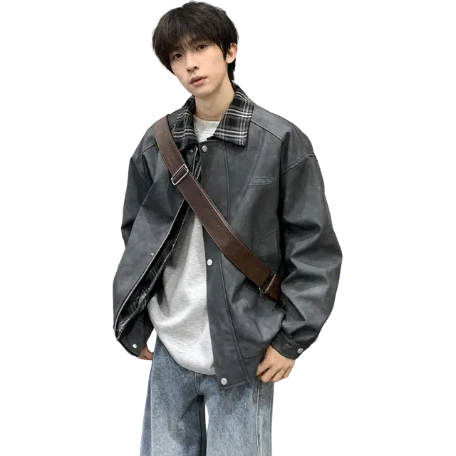 港仔文艺男 美式复古撞色拼接条纹假两件压印字母印花工艺翻领落肩巴恩风雾面皮衣时尚潮流休闲宽松百搭简约舒适夹克外套  男女同款