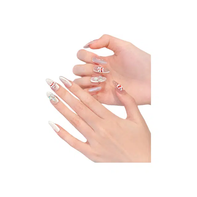 韵月乔 发财醒狮浮雕喜事桃桃  穿戴甲 椭圆长款粉色纯色 猫眼