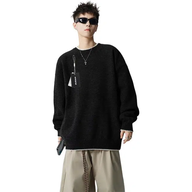 左岸 青少年潮牌休闲时尚高级感春秋上衣设计感撞色拼接假两件圆领保暖秋冬内搭针织打底衫毛衣 男款