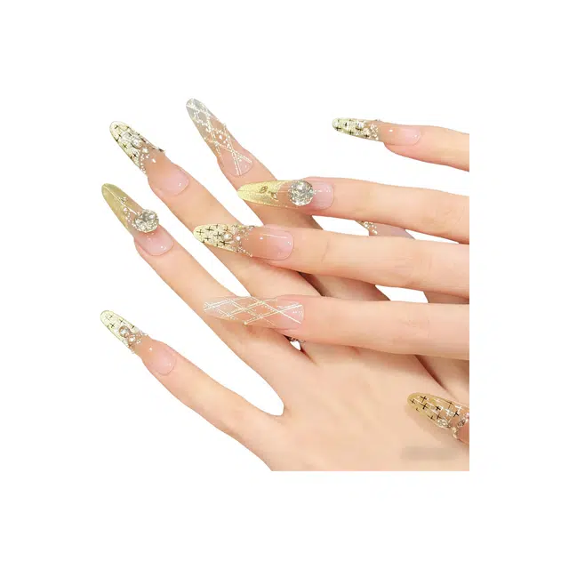 莎琪诺 【法式香颂】菱形格猫眼秋冬高级气质手工美甲  穿戴甲 椭圆金晕染 纯欲