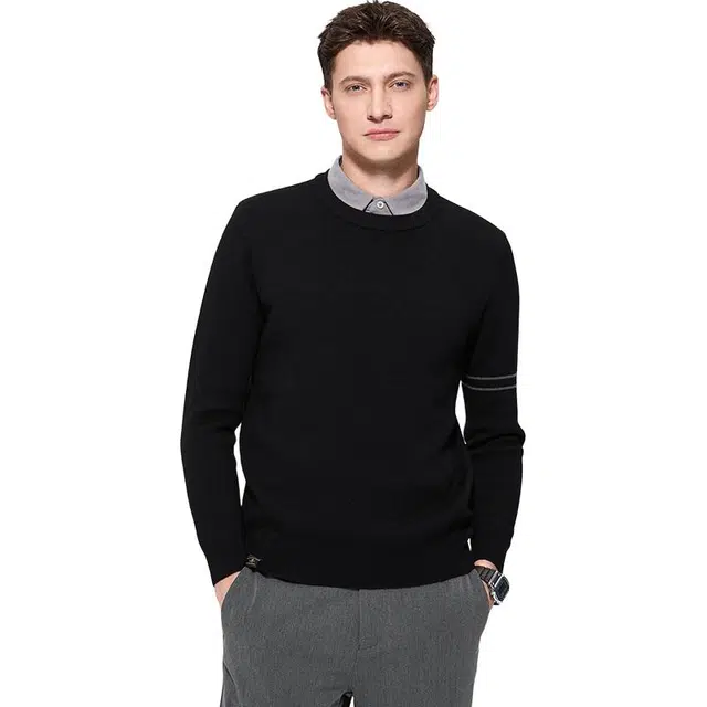 与狼共舞 纯羊毛加绒保暖时尚休闲衬衫领假两件毛衣 男款 黑色