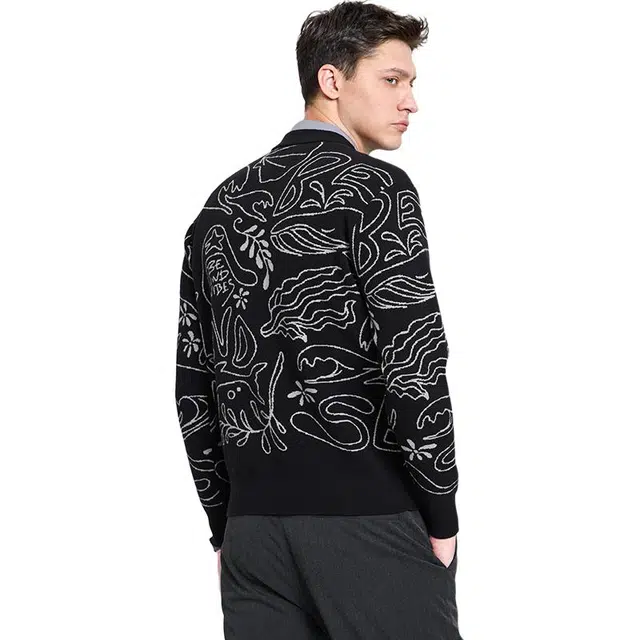 与狼共舞 潮流提花时尚休闲百搭针织圆领毛衣 男款 黑色