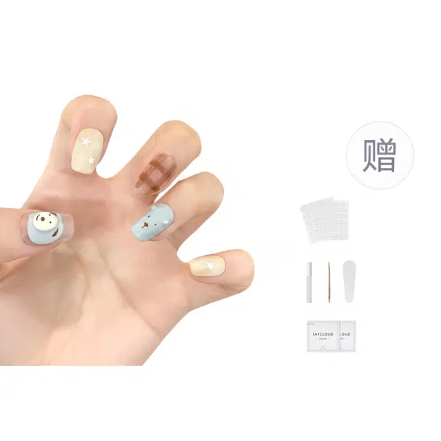 爱鼎琪 手绘甜美可爱小狗 清新显白高级感  穿戴甲 短款蓝色纯色