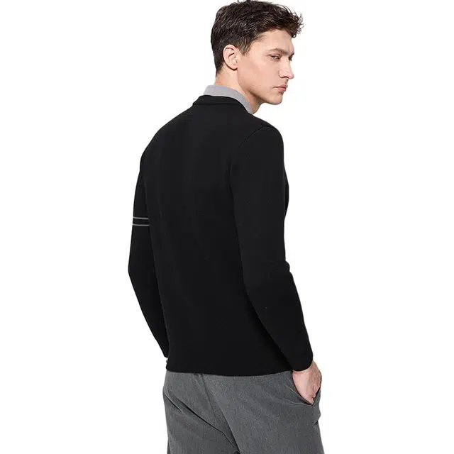 与狼共舞 纯羊毛加绒保暖时尚休闲衬衫领假两件毛衣 男款 黑色