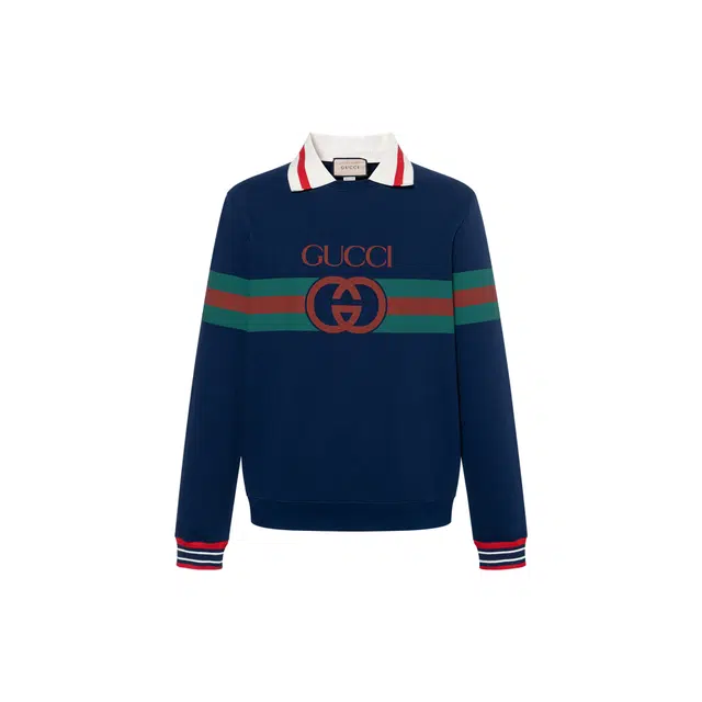 GUCCI SS23 Striped Lettering Sweatshirt Navy