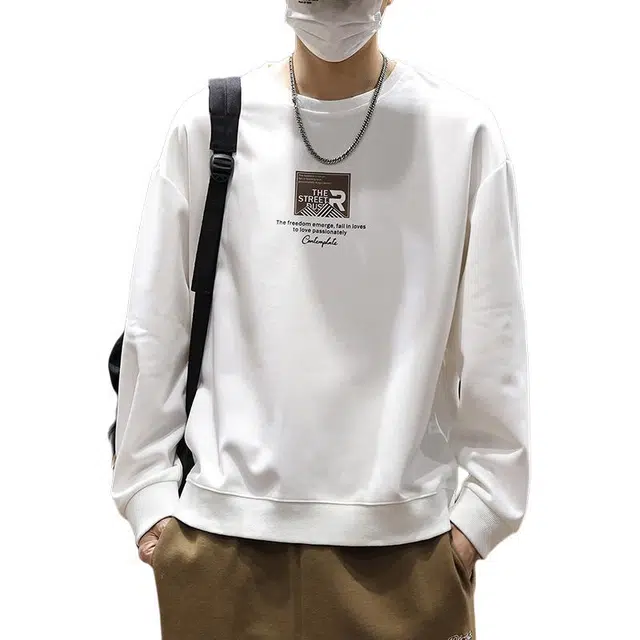 协协乐 重磅印花设计感春秋季美式潮牌圆领休闲上衣男生运动长袖打底衫卫衣 男款