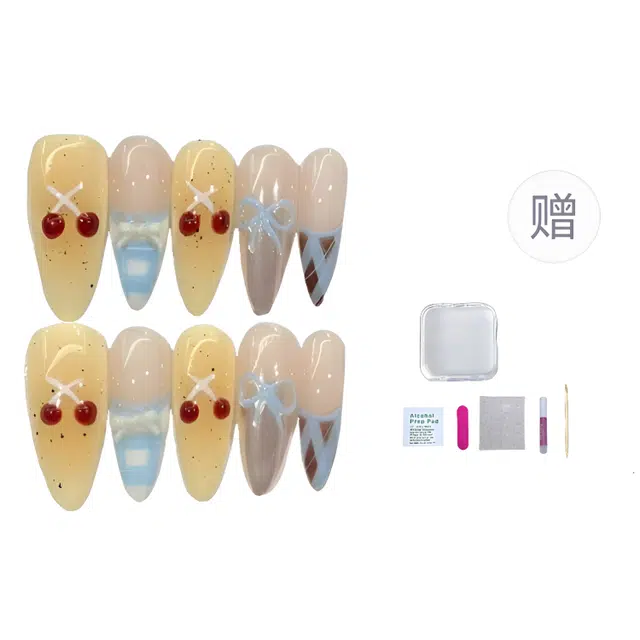 几多萌 慵懒甜心 纯手工穿戴甲手绘裙边网格蝴蝶美甲片 可拆卸  长款黄色跳色 可爱