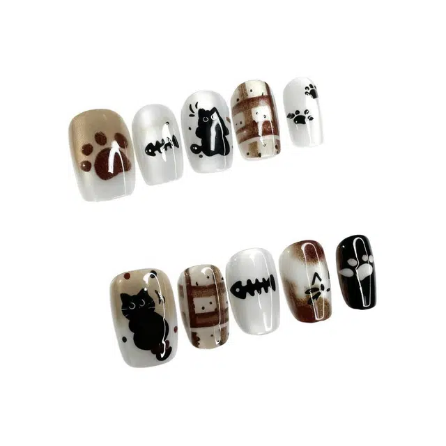 计轩 猫与鱼猫眼爆款纯手工  穿戴甲 短梯银白色晕染 可爱