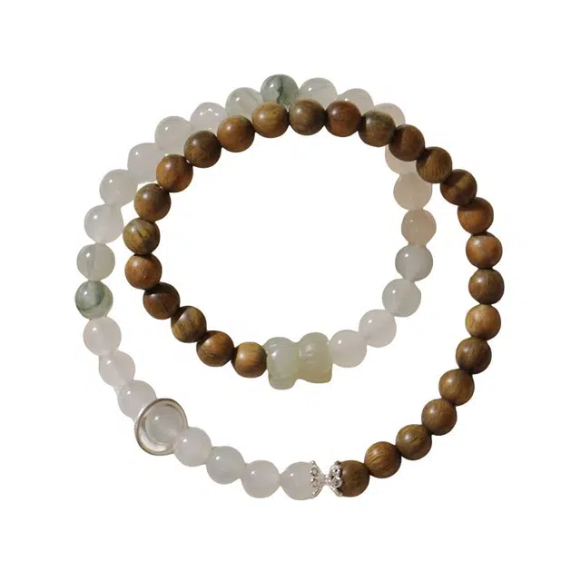 子婳 清灵小物檀木好运双蒂莲天山玉飘绿珠银环连连平安顺逐新中式复古国风小众精致清新优雅百搭串珠 绿檀 手串 女款