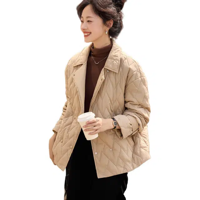 沫晗依美 无弹翻领休闲纯色翻领棉服 女款 卡其色